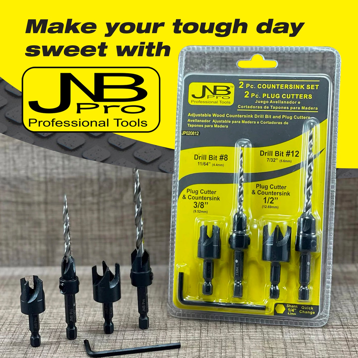 Countersink Drill Bit & Wood Plug Cutter Set – #8 (11/64″) & #12 (7/32″) Countersink Bits with 3/8″ & 1/2″ Plug Cutters