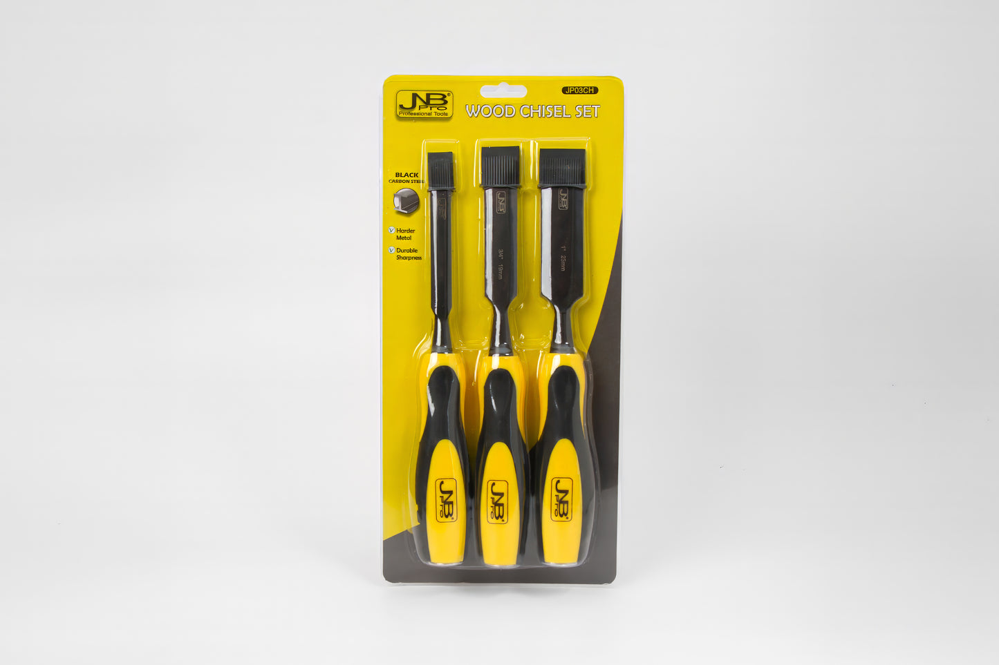 JNBPRO 3 Piece Wood Chisel Set | Black Carbon Steel | 1/2", 3/4", & 1"