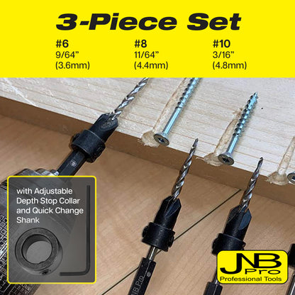 Countersink Drill – 3 Pc Pro Set- #6, #8, #10