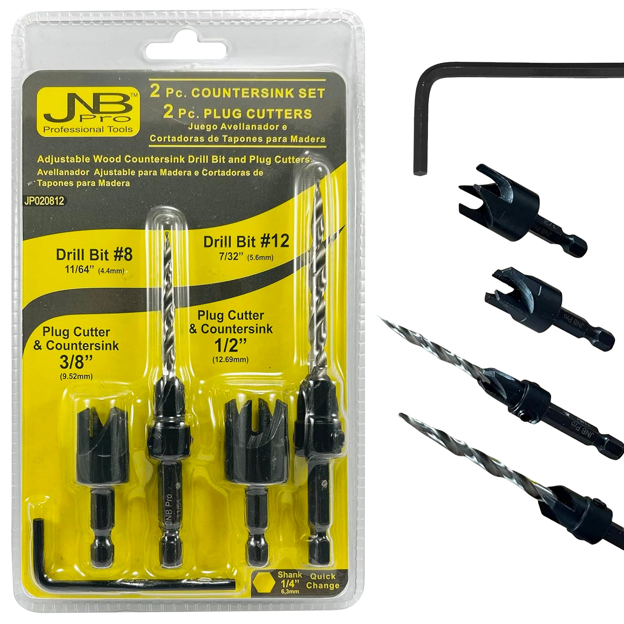 2 Pc Countersink 8 12 2 Pc Plug Cutters 3 8 1 2 JNB Pro Professional Tools