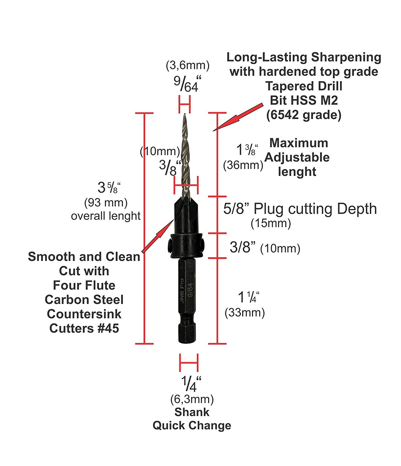 Countersink Drill – 3 Pc Pro Set- #8 with extra bit